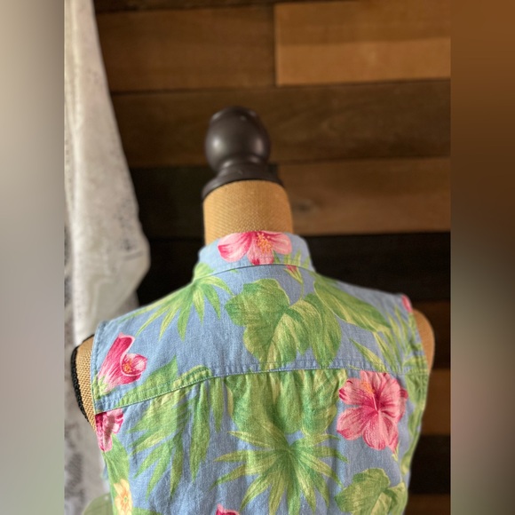 Ralph Lauren 100% Linen Tropical Print Sleeveless Tie Front Cropped Top - Picture 8 of 11